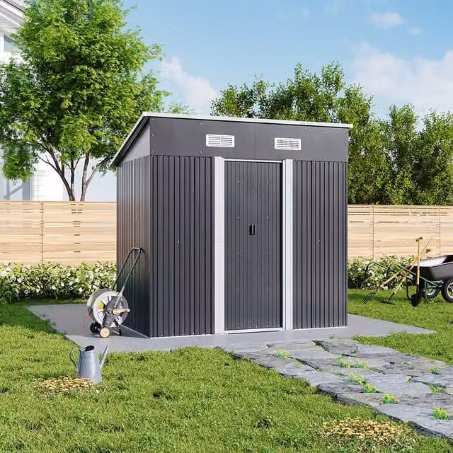Lifeideas Pent Roof Metal Garden Shed in Charcoal Black with Sliding Doors and Side Vent
