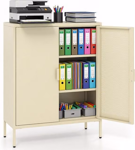 COSTWAY Modern Freestanding Kitchen Storage Cabinet with Glass Doors and Internal Shelves in Yellow