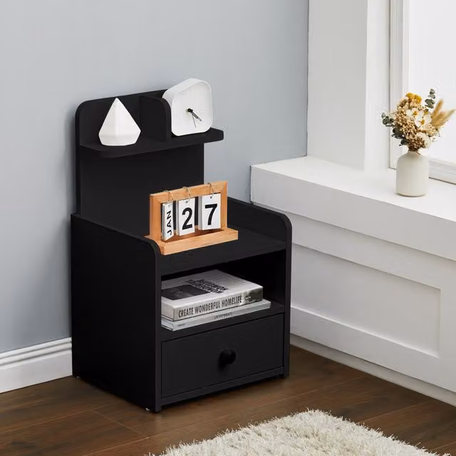 Livingandhome Modern Black Wooden Bedside Table with Drawer, W/D/H: 60.5 x 60.5 x 60.5 cm
