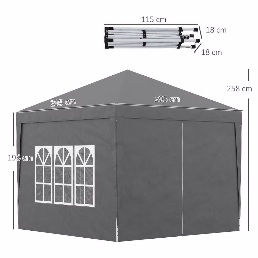 Outsunny Grey Pop Up Gazebo with Windows and Steel Frame, W/D/H: 300 x 300 x 258 cm – 4