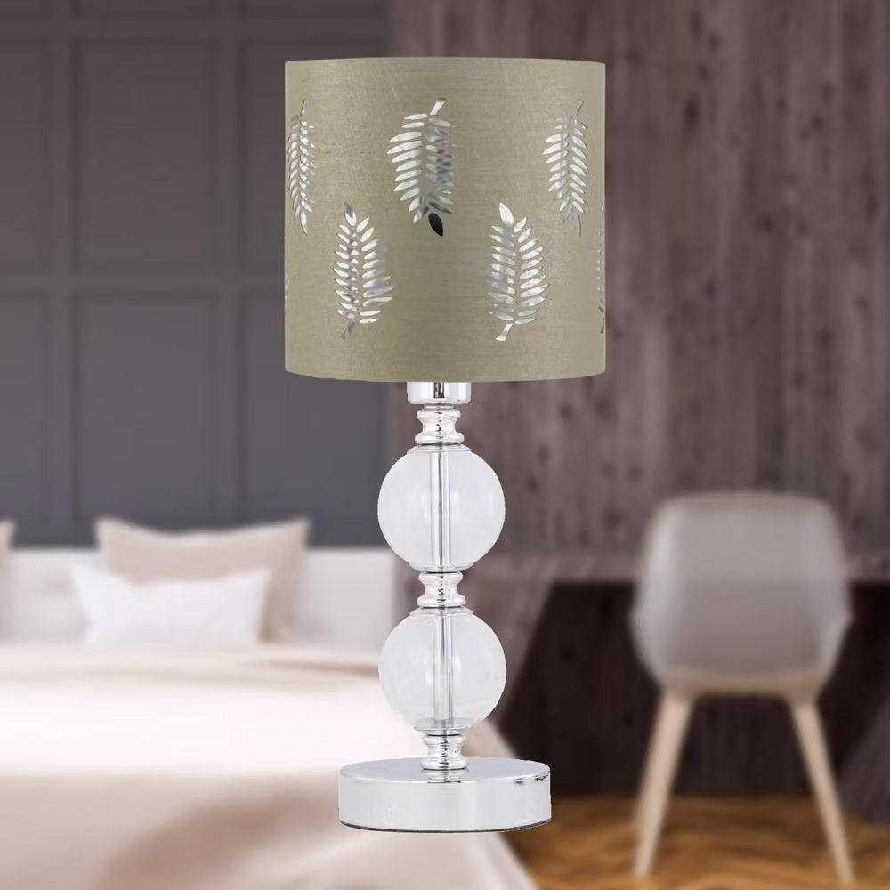 First Choice Lighting Set of 2 Chrome Two Ball Table Lamps with Sage Green Fabric Fern Shades – 3