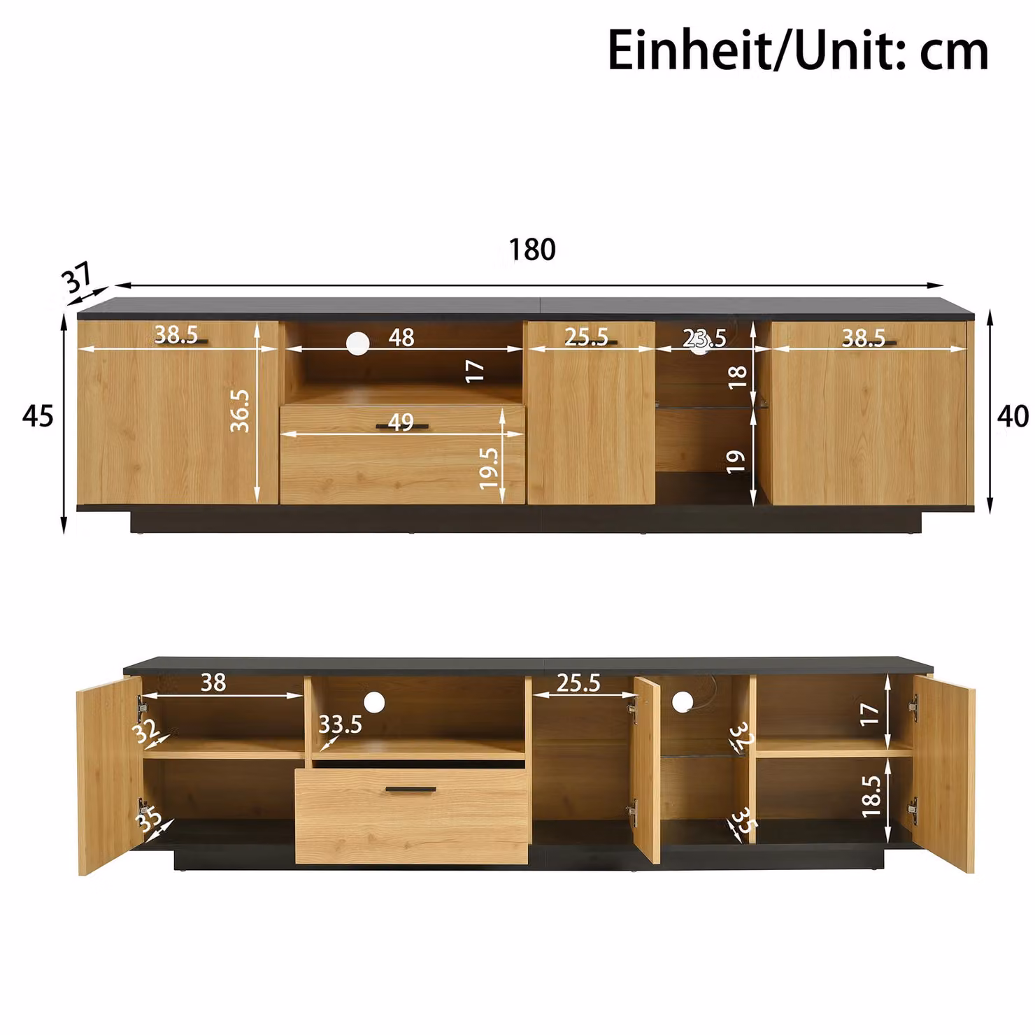 Aosom UK Modern TV Cabinet with 3 Doors, Drawer and 2 Open Glass Compartments in Black and Wood, W/D/H: 180 x 37 x 45 cm – 3