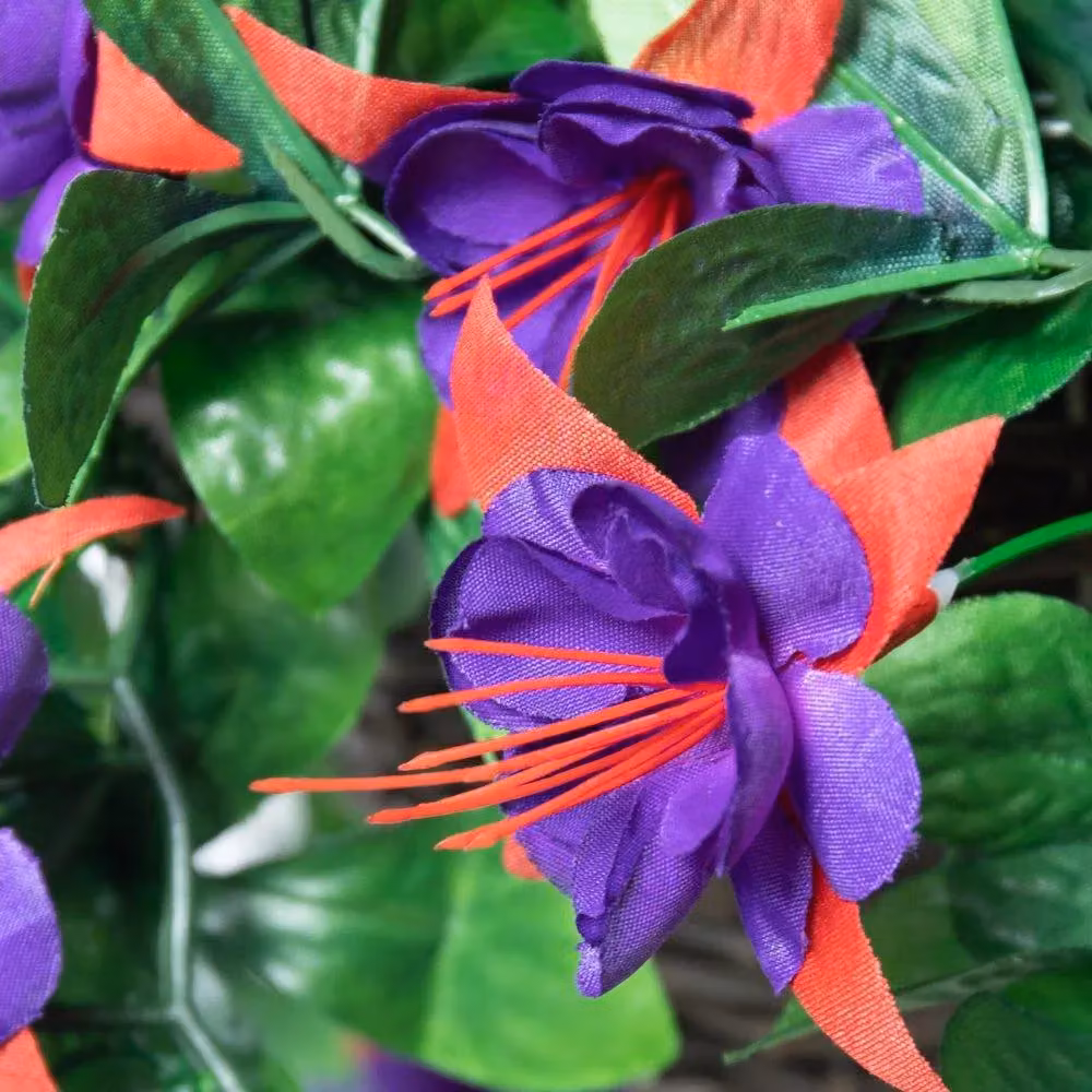 Primrose Pair of Artificial Purple Fuchsia Flowers in a Green Rattan Hanging Basket, Diameter: 25 cm – 3