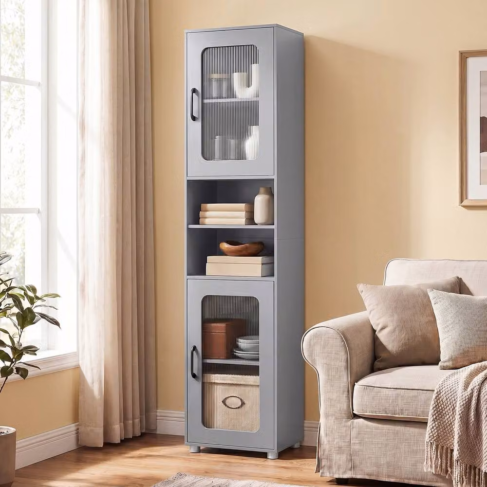 Costway Tall Grey Bathroom Storage Cabinet with Glass Doors and Adjustable Internal Shelves – 3