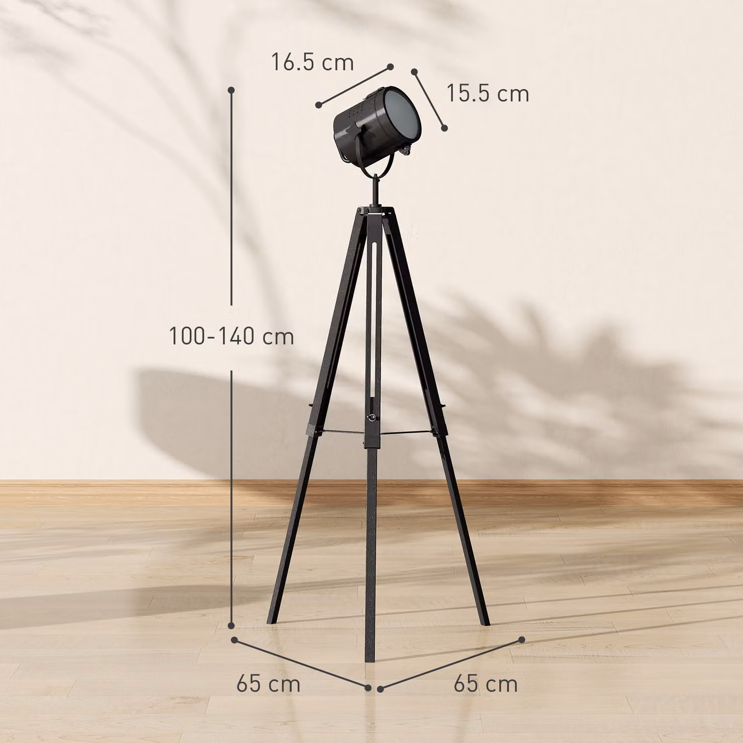HOMCOM Industrial Tripod Floor Lamp with Adjustable Height and Wood Legs in Black – 3