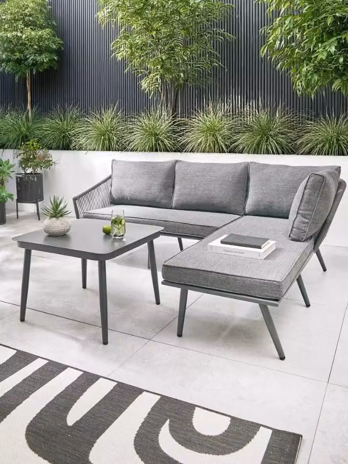 Cheap Furniture Warehouse Malta L-Shape Grey Garden Corner Set with Upholstered Olefin Cushions and Powder Coated Steel Frame