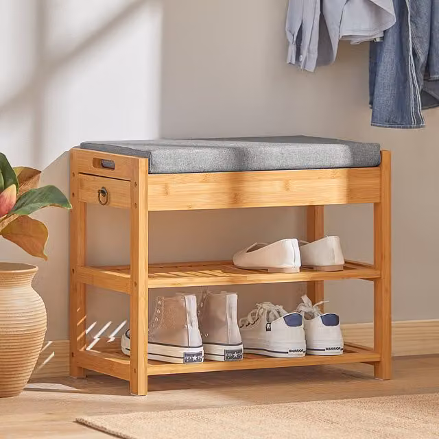 SoBuy 2 Tier Bamboo Shoe Rack with Grey Fabric Seat Cushion in Brown