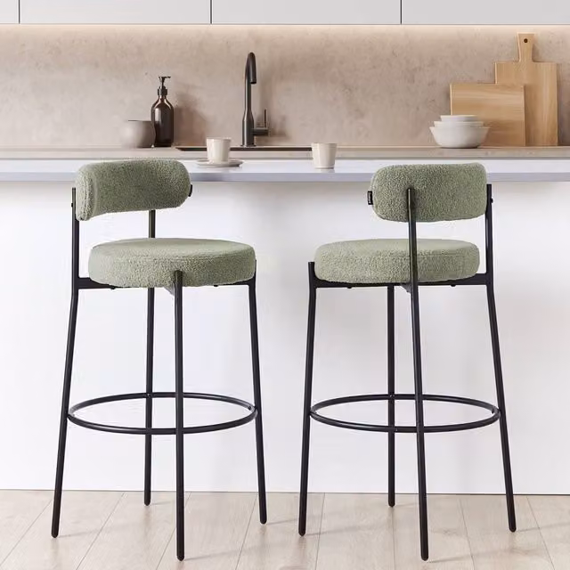 Wyld Haus Set of 2 Light Green Boucle Bar Stools with Black Metal Legs