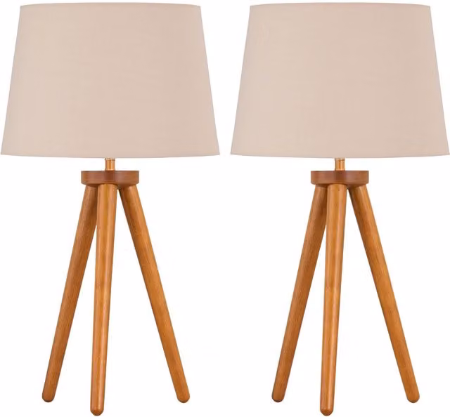 First Choice Lighting Set of 2 Brown Wood Table Lamps with Natural Fabric Shades – 1