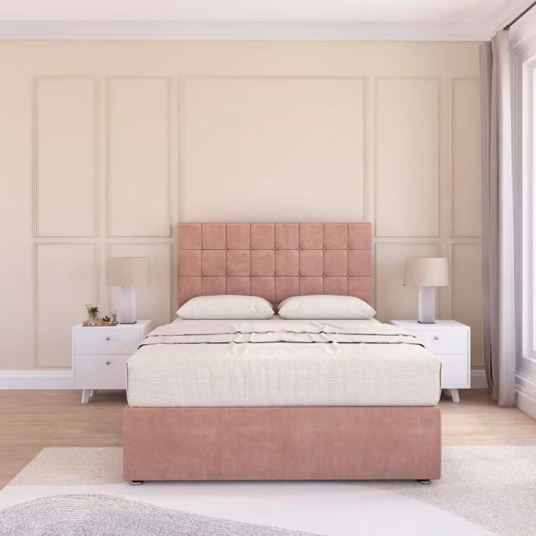 Sloomy Alabama Single Divan Bed Base with Floor Standing Headboard in Pink Velvet