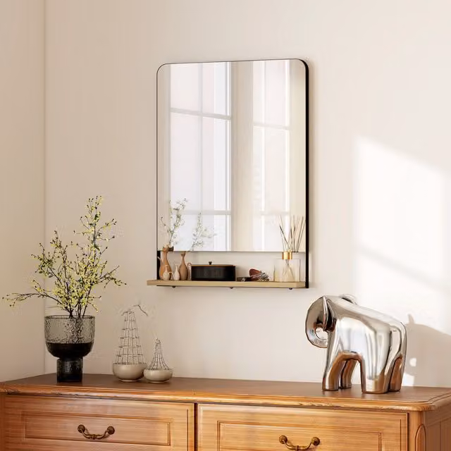 HOMCOM Industrial Rectangular Wall Mirror with Wood Shelf, Black