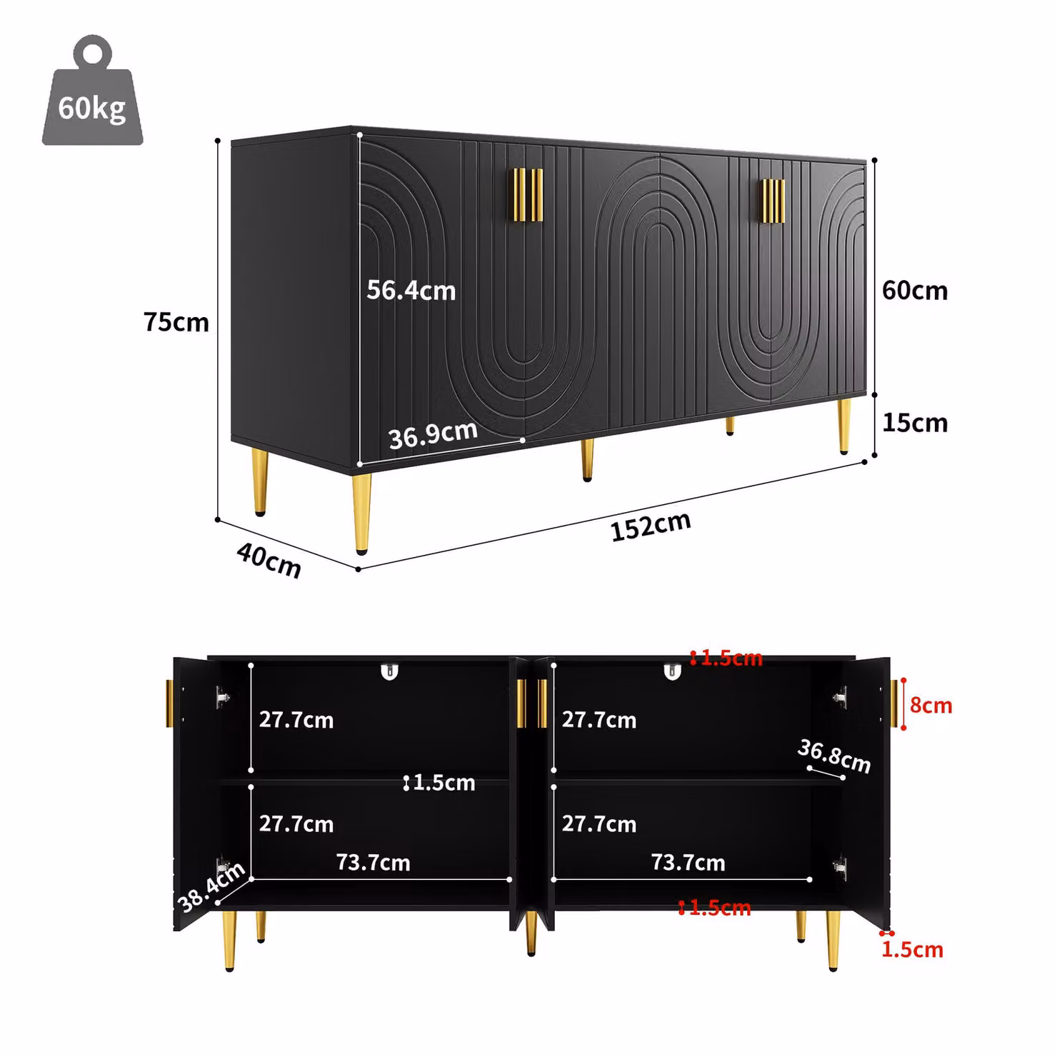 Aosom UK Modern Black Sideboard with Gold Handles and Feet, W/D/H: 152 x 40 x 75 cm – 3