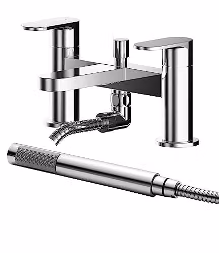 nuie BIN304 Binsey Modern Round Deck Mounted Bath Filler Tap with Lever Handles and Shower Kit, Chrome