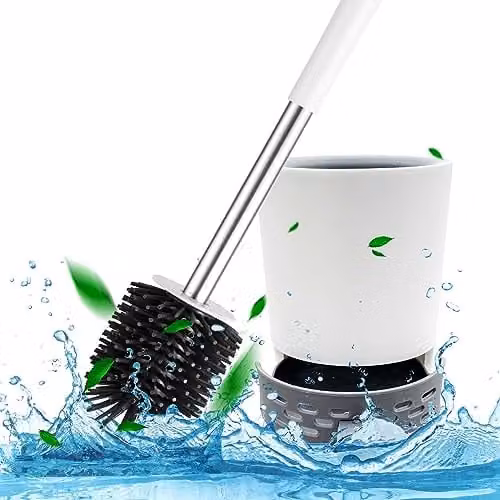 Nicoman Round Toilet Brush and Holder Set with Silicone Head and Stainless Steel Handle, White and Grey – 1