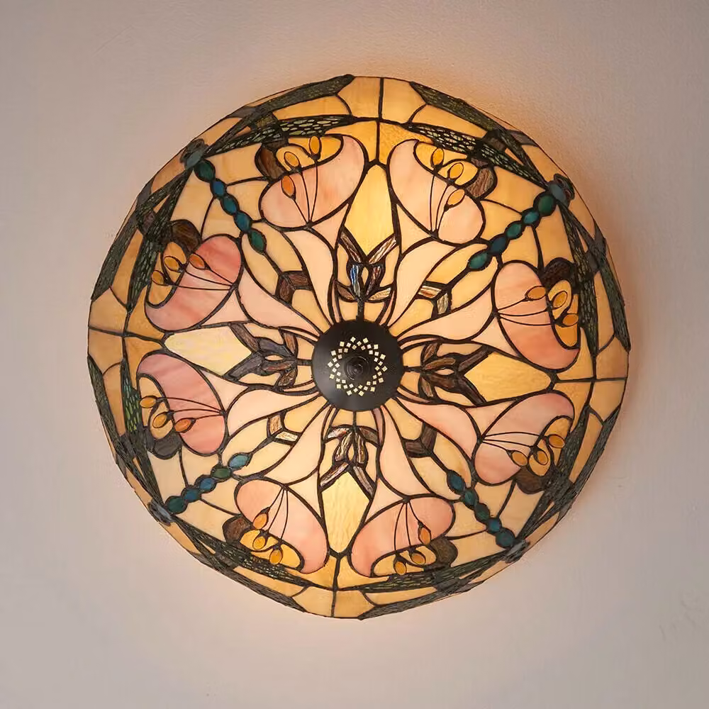 Loops Tiffany Glass Semi Flush Ceiling Light with Dragonfly Round Inverted Shade in Clear and Bronze – 3