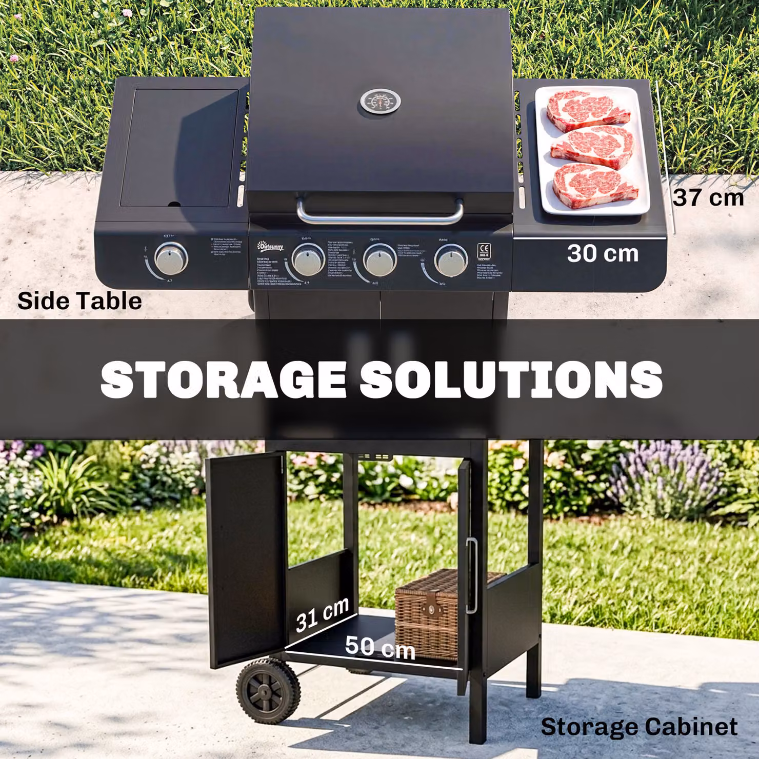 Outsunny Gas BBQ Grill with 3+1 Burners, Side Burner, Warming Rack and Side Shelves, Black, W/D/H: 110 x 50 x 100 cm – 4
