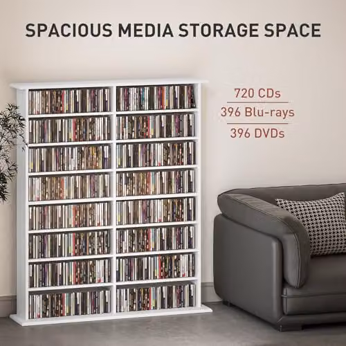 HOMCOM White Media Storage Unit with 12 Adjustable Shelves and Back Panel – 3