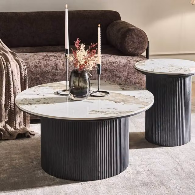 Wyld and Coco Round Ceramic Coffee Table with White Marble Top and Black Ribbed Wood Base, Diameter: 80 cm, Height: 40 cm – 1
