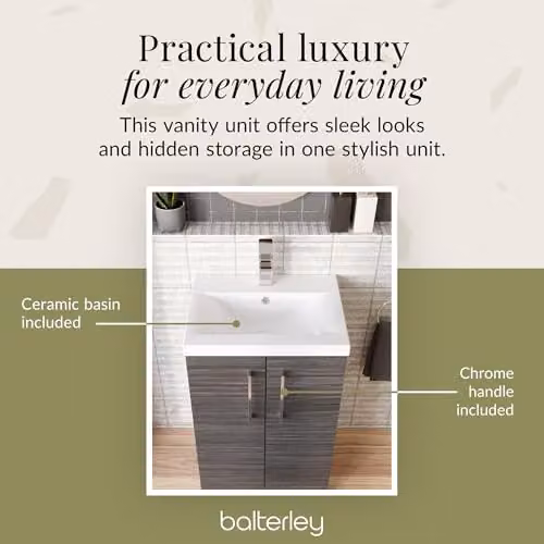 Balterley Floor Standing Bathroom Vanity Unit with Basin and Soft Close 2 Doors in Woodgrain Anthracite W/D/H: 51 x 39 x 84 cm – 3