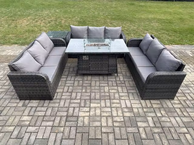Fimous Rattan Garden Dining Set with Gas Fire Pit Table, Side Table and 3 Seater Sofa in Dark Grey – 1