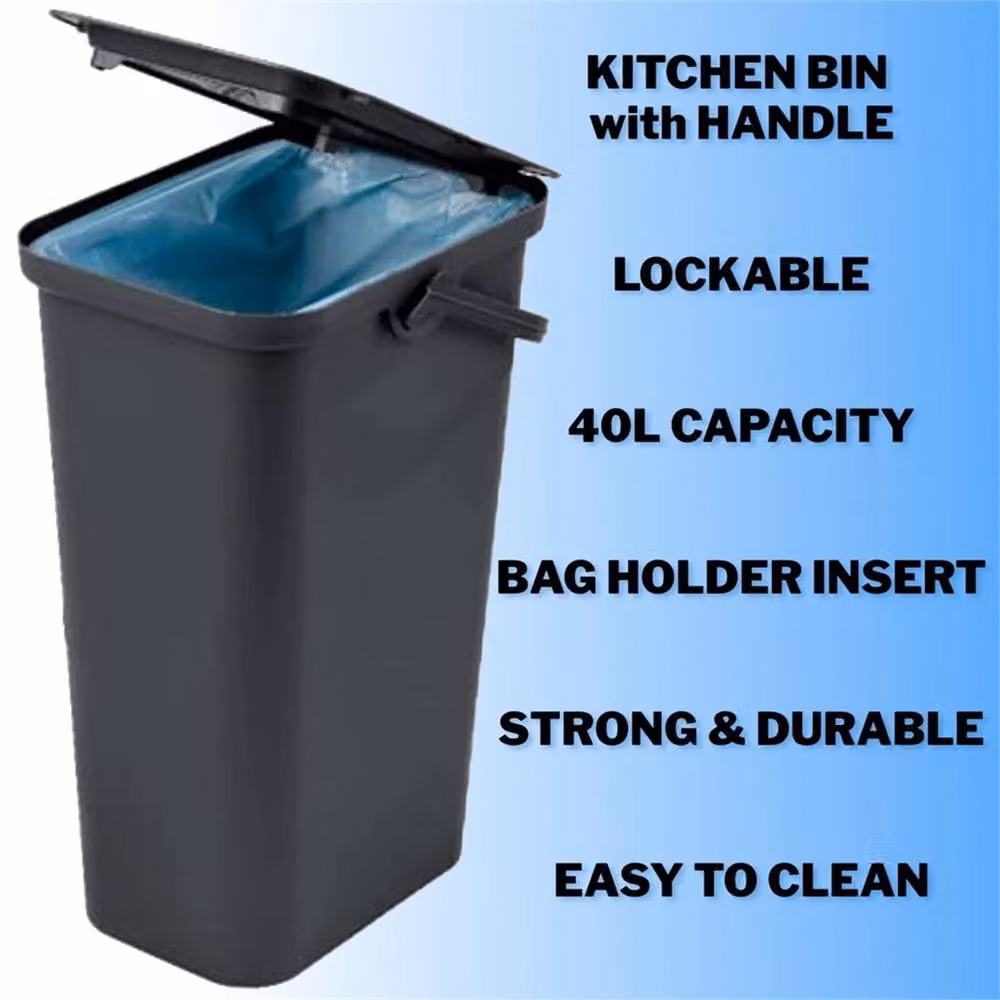 VOGREX Moda 40L Kitchen Bin with Locking Handle and Flip Lid, Black, Height: 60 cm – 2