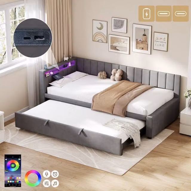 STILVORA Grey Velvet Single Daybed with Trundle, LED Lighting, USB Charging Port and Side Compartments, W/D/H: 90 x 190 cm