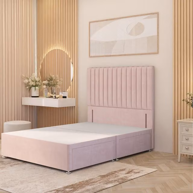 Somnior Beds Ltd Verona Double Divan Bed Base with Floor Standing Headboard in Pink Plush Velvet with Drawers, W/D/H: 140 x 200 cm