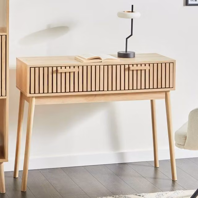 Wyld and Coco Light Brown MDF Console Table with Two Drawers and Solid Pine Legs – 1
