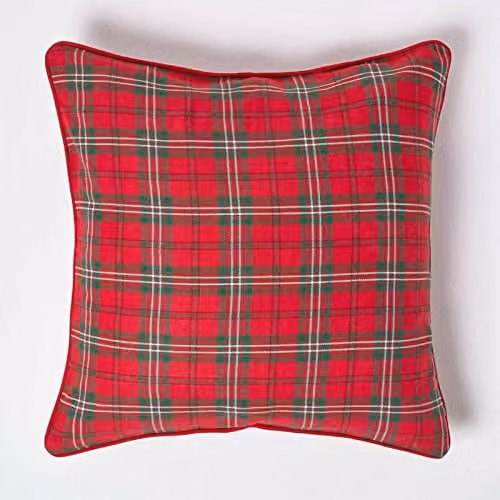 Homescapes Edward Tartan Check Cotton Cushion Cover in Red and Green, 45 x 45 cm