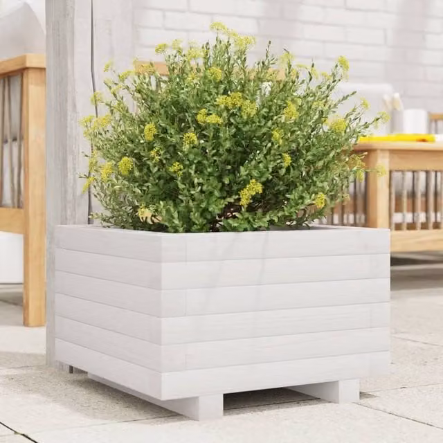 Berkfield Home White Solid Wood Pine Garden Planter Tub W: 40 cm, D: 40 cm, H: 26.5 cm – 1