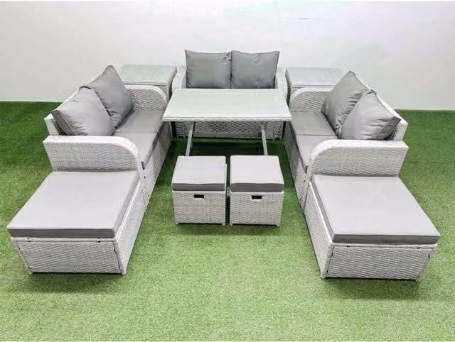 Fimous 10-Seater U-Shape Rattan Patio Sofa Set in Light Grey with Dark Grey Cushions