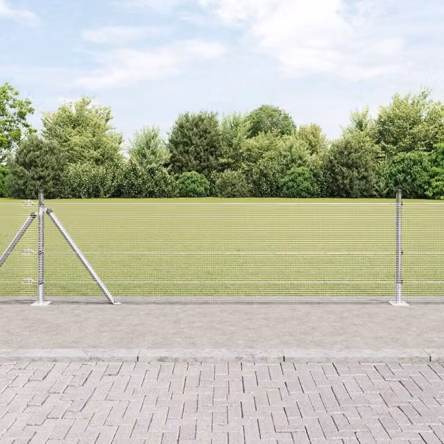 Berkfield Home Single-Bar Welded Wire Fence with 13 Flanged Posts, Galvanised Steel, Silver, 0.5 x 50 m