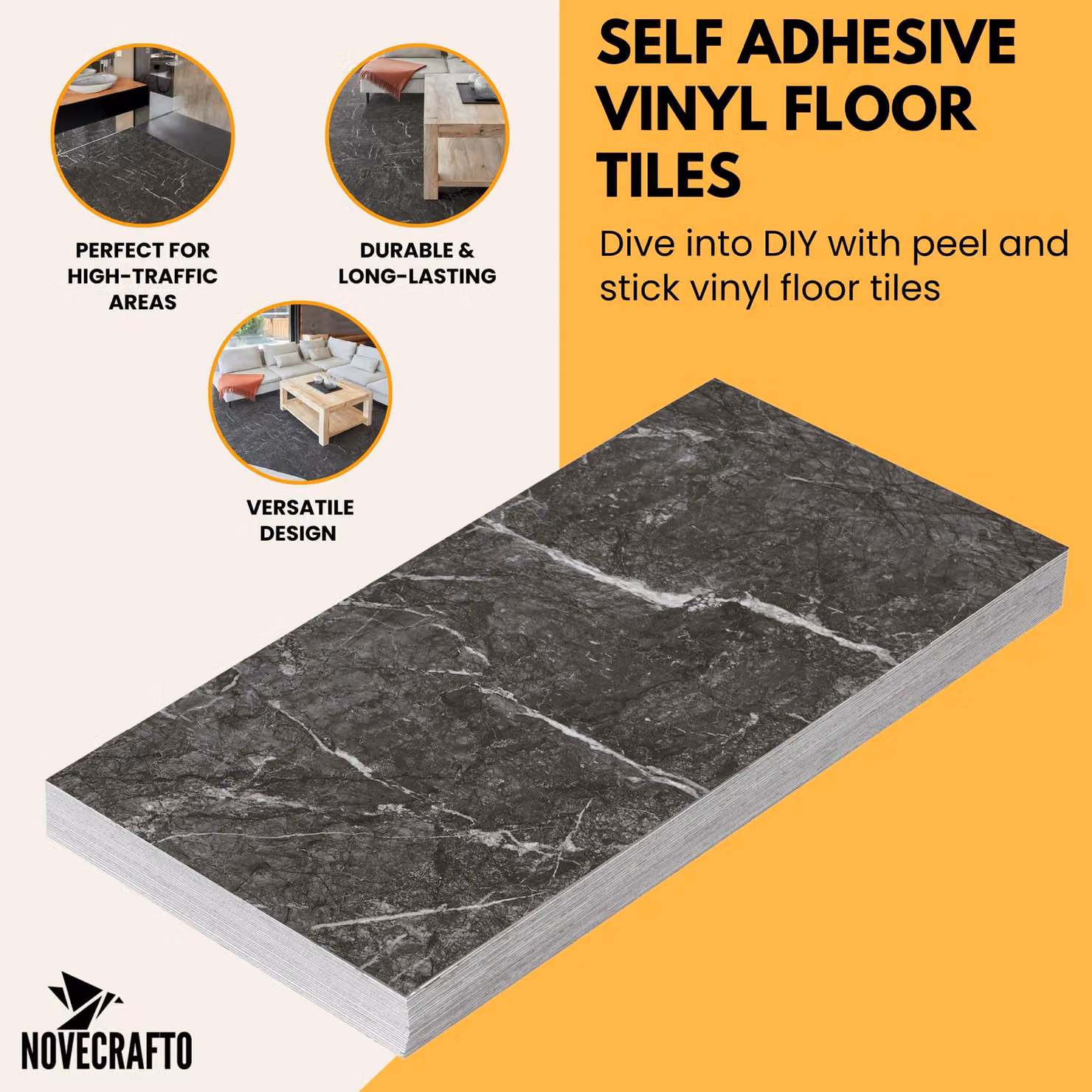 Novecrafto Self Adhesive Marble Black Vinyl Floor Tiles, 30 Pieces, Covers 5.57 m², W: 30.48 cm, H: 60.96 cm – 3