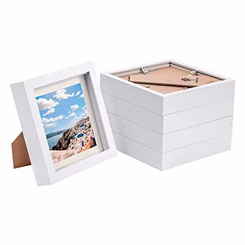 Nicola Spring White Square 3D Box Photo Frame with Beige Mount, Pack of 5, Hanging or Standing