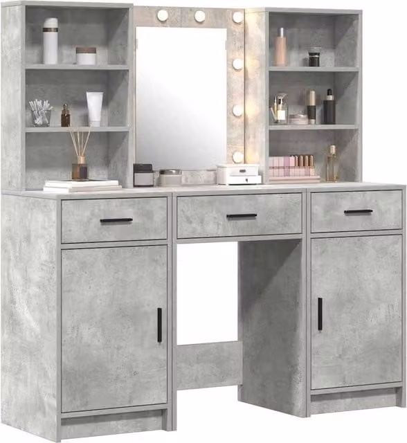 Berkfield Home Modern 3 Piece Hollywood LED Dressing Table Set in Grey and White MDF – 1