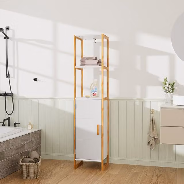 H&O Direct Modern White 4-Tier Freestanding Bathroom Storage Cabinet with Single Hinged Door and Internal Shelves