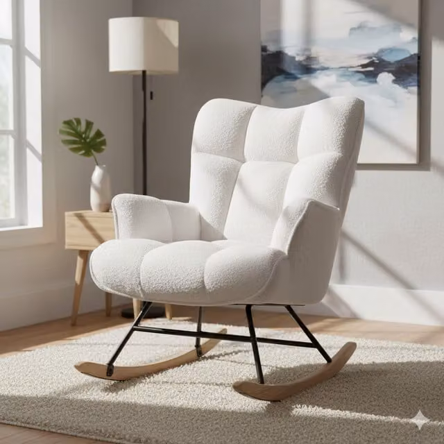 Alivio White Bouclé Fabric Rocking Chair with Armrests