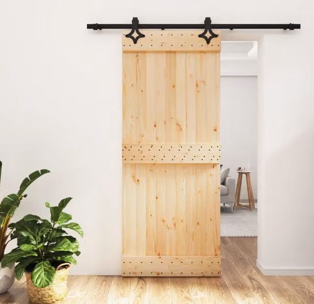 Berkfield Home Rustic Sliding Door with Hardware Set in Brown Solid Pine Wood, W: 85 cm, H: 210 cm