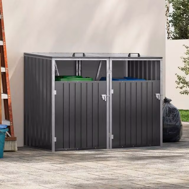 KORVIXA Lockable Double Wheelie Bin Storage in Coated Steel, Anthracite Grey