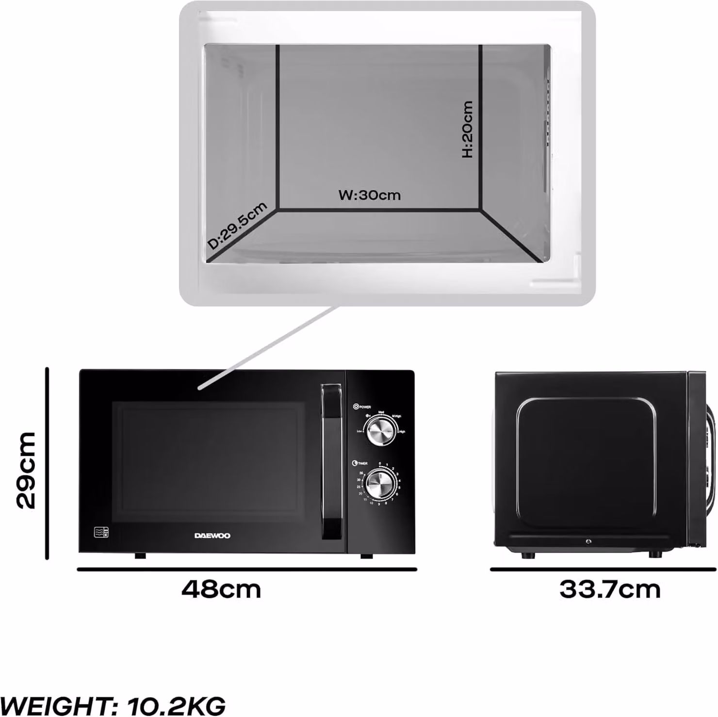 Daewoo 800W 23L Solo Microwave in Black with 35 Min Timer and 5 Power Settings – 5