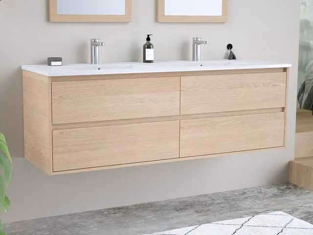 Vente-unique Wall-Mounted Bathroom Vanity with Built-In Sink in Light Oak, W: 150 cm, D: 45 cm, H: 50 cm – 1