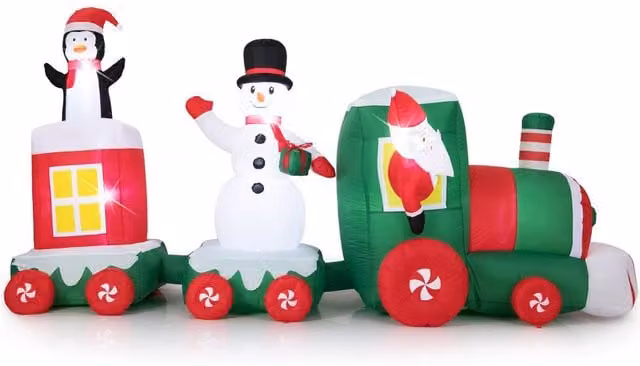 Gymax Red and Multicolour Christmas Inflatable Santa Claus Driving Train with LED Lights – 1
