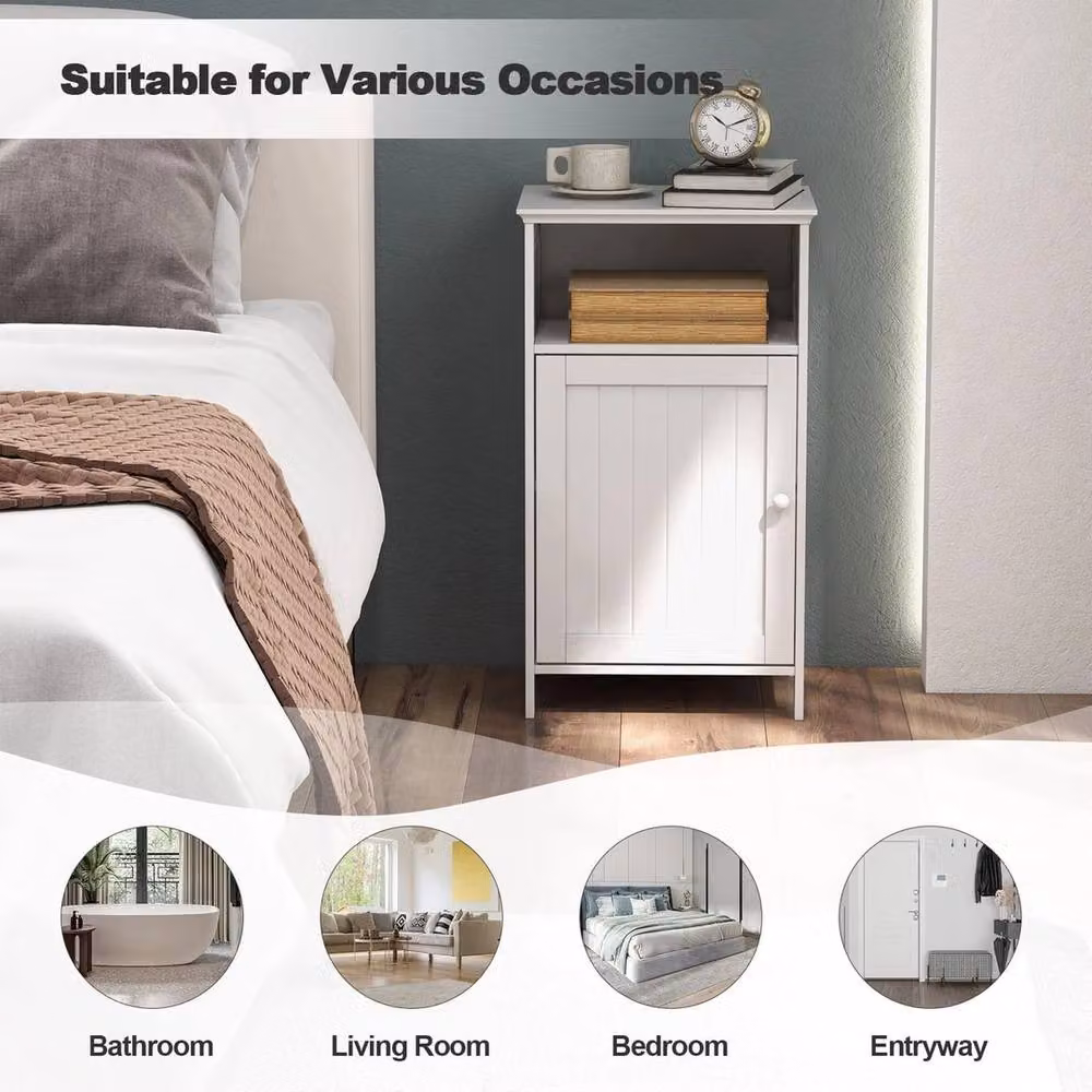 FORGEVIO Modern White Single Door Bathroom Floor Cabinet with Internal Shelves and Open Storage – 4