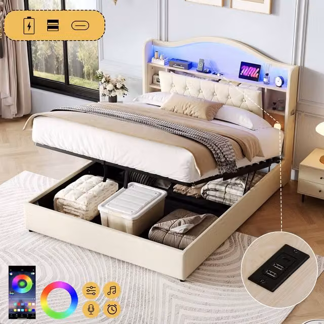 Rolipo Double Upholstered Ottoman Bed Frame with LED Lighting and USB Charging Port, Beige