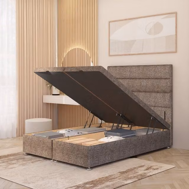 Somnior Beds Ltd Horizona Single Storage Ottoman Bed with Lift Up Base and 54 Inch Floor Standing Tweed Headboard in Brown