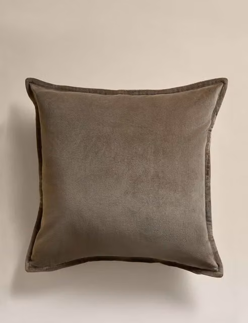 M&S Pure Cotton Velvet Square Cushion in Khaki Green with Removable Cover
