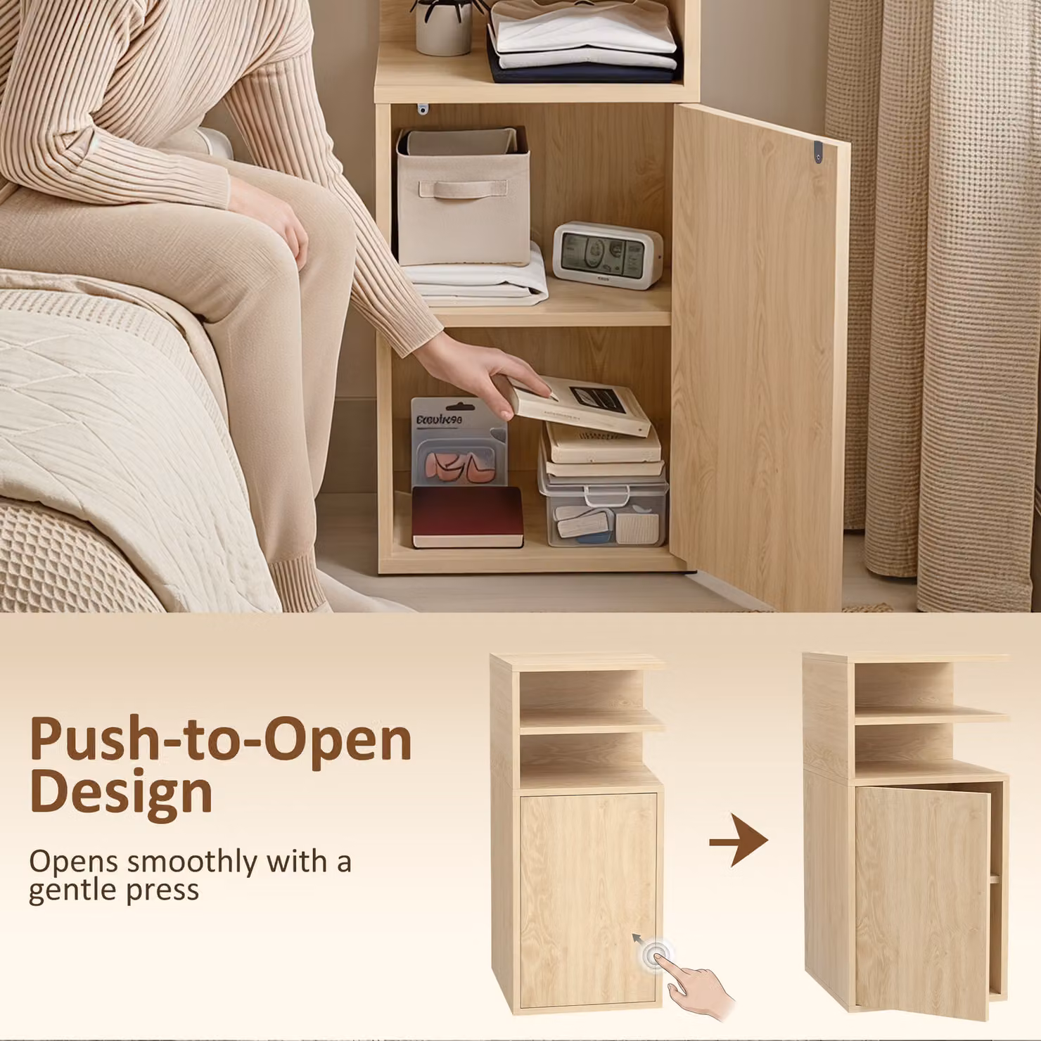 HOMCOM Set of 2 Slim Bedside Tables in Oak Brown with Open Cubbies and Cupboard, W/D/H: 30 x 25 x 60 cm – 5