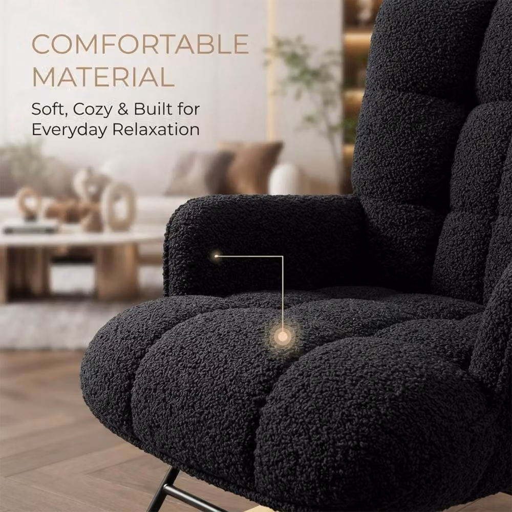 Alivio Black Teddy Bouclé Rocking Armchair with High Backrest and Armrests for Nursery, Bedroom or Balcony, H 95 x W 52 x D 68 cm – 4