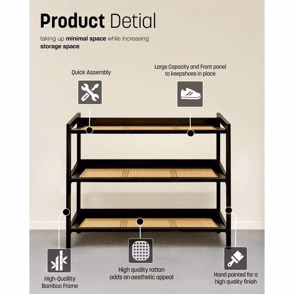 FORGEVIO Black 3-Tier Bamboo and Rattan Shoe Rack with Rustic Geometric Design – 5