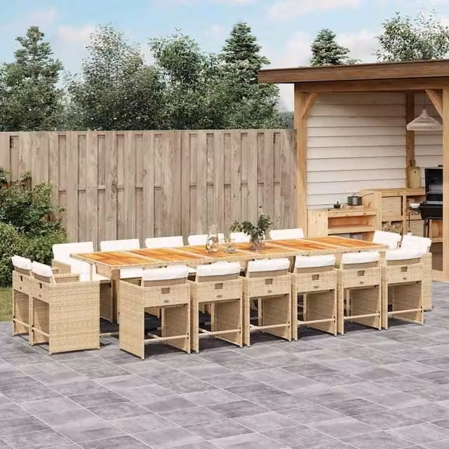 Berkfield Home 17 Piece Beige Poly Rattan Garden Dining Set with Acacia Wood Details